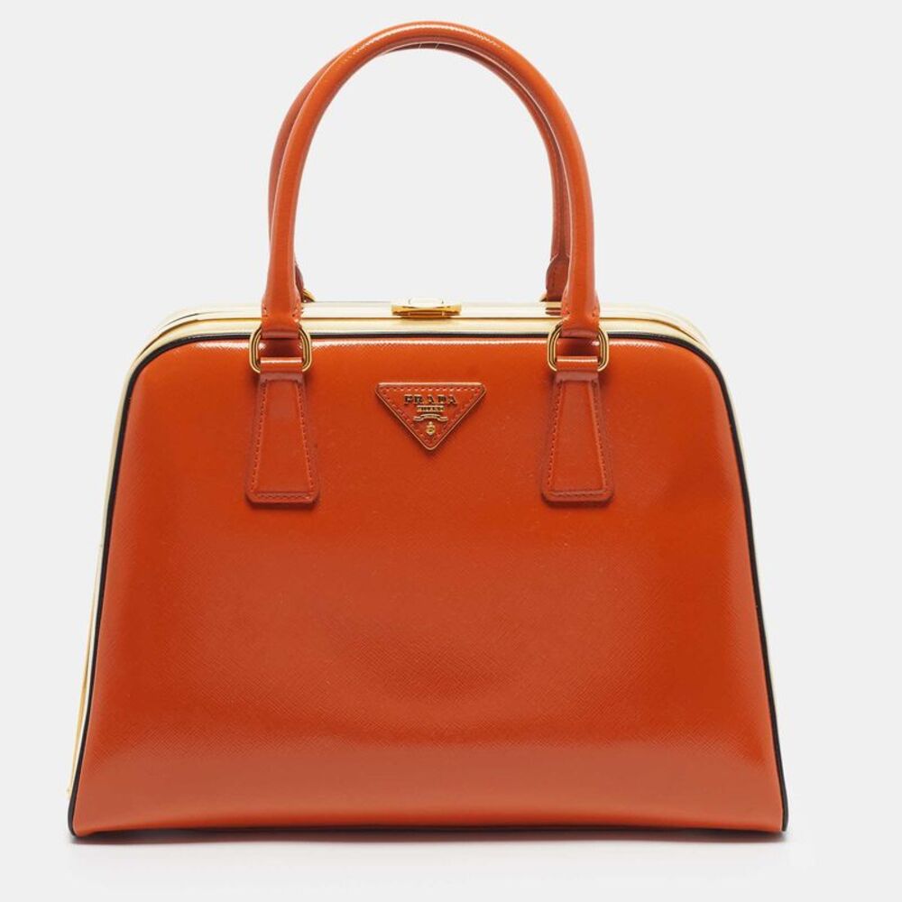Prada Pyramid Frame Orange/yellow Saffiano Vernice Leather Satchel